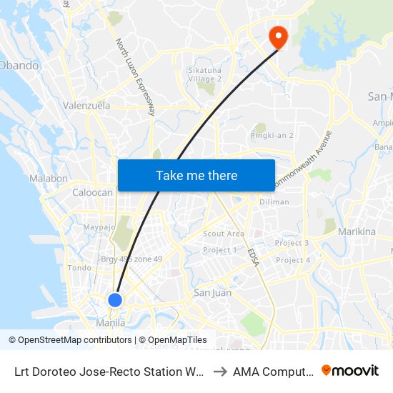 Lrt Doroteo Jose-Recto Station Walkway / Rizal Avenue Intersection, Manila to AMA Computer College Fairview map