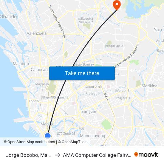 Jorge Bocobo, Manila to AMA Computer College Fairview map