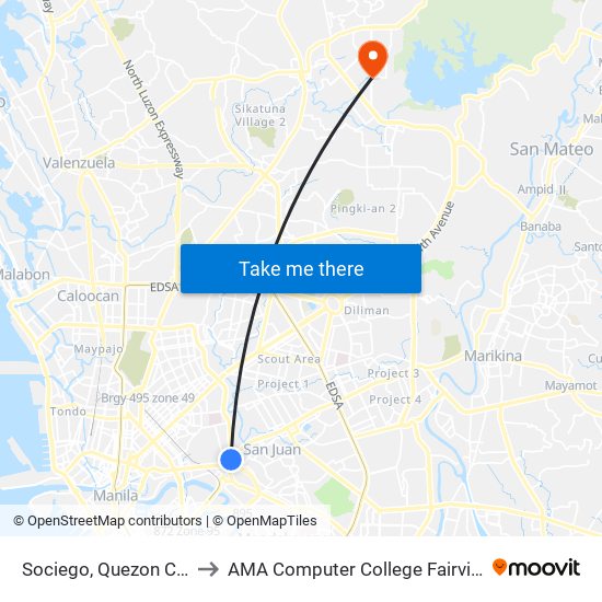 Sociego, Quezon City to AMA Computer College Fairview map