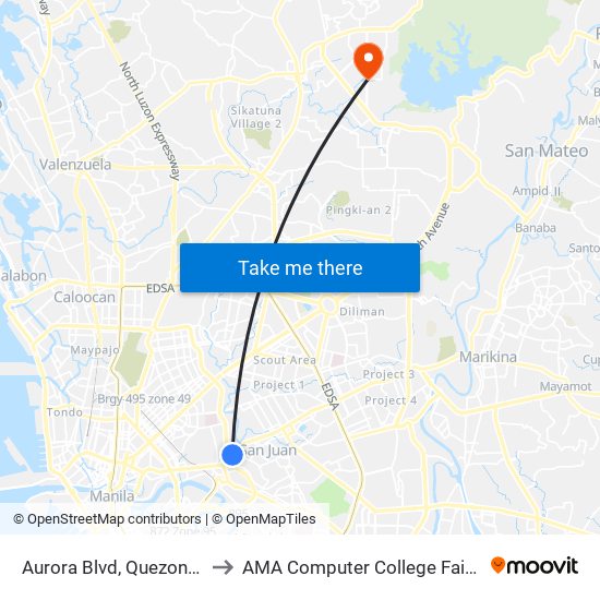 Aurora Blvd, Quezon City to AMA Computer College Fairview map
