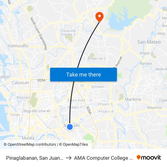 Pinaglabanan, San Juan, Manila to AMA Computer College Fairview map