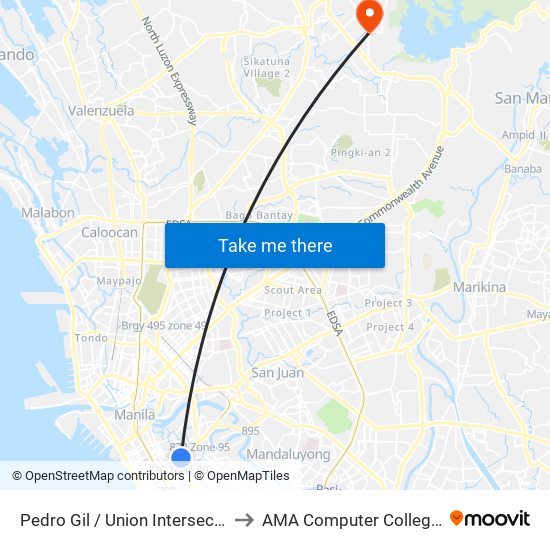 Pedro Gil / Union Intersection, Manila to AMA Computer College Fairview map