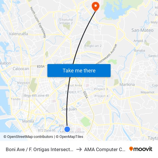 Boni Ave / F. Ortigas Intersection, Mandaluyong City to AMA Computer College Fairview map