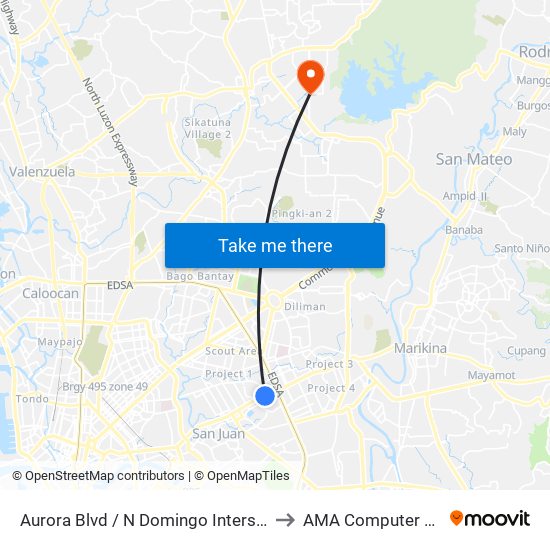 Aurora Blvd / N Domingo Intersection, Quezon City, Manila to AMA Computer College Fairview map