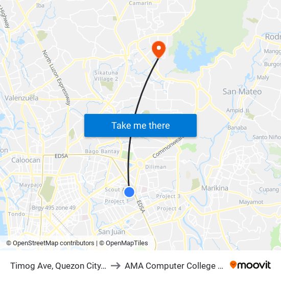 Timog Ave, Quezon City, Manila to AMA Computer College Fairview map