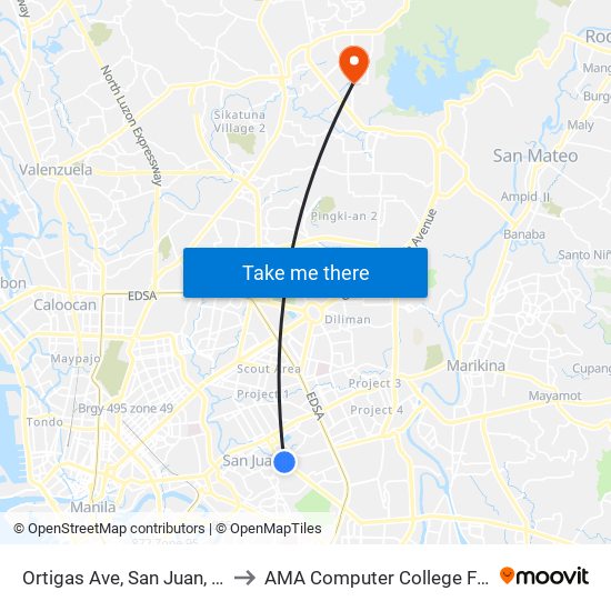 Ortigas Ave, San Juan, Manila to AMA Computer College Fairview map