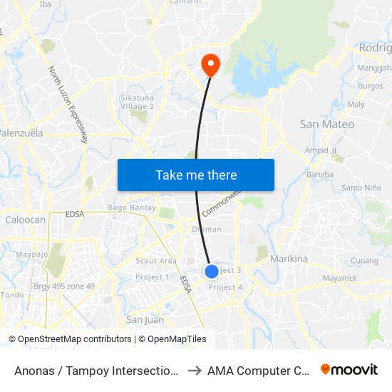 Anonas / Tampoy Intersection, Quezon City, Manila to AMA Computer College Fairview map