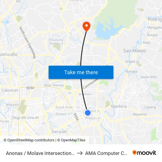 Anonas / Molave Intersection, Quezon City, Manila to AMA Computer College Fairview map
