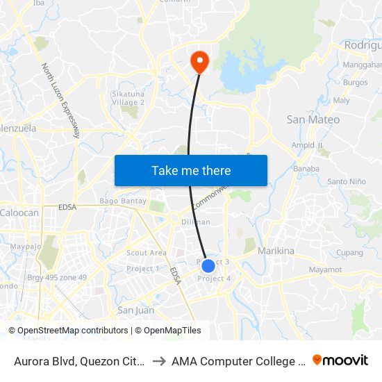 Aurora Blvd, Quezon City, Manila to AMA Computer College Fairview map