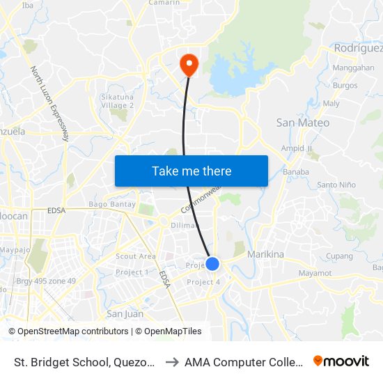 St. Bridget School, Quezon City, Manila to AMA Computer College Fairview map