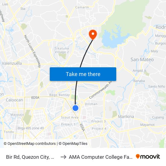 Bir Rd, Quezon City, Manila to AMA Computer College Fairview map