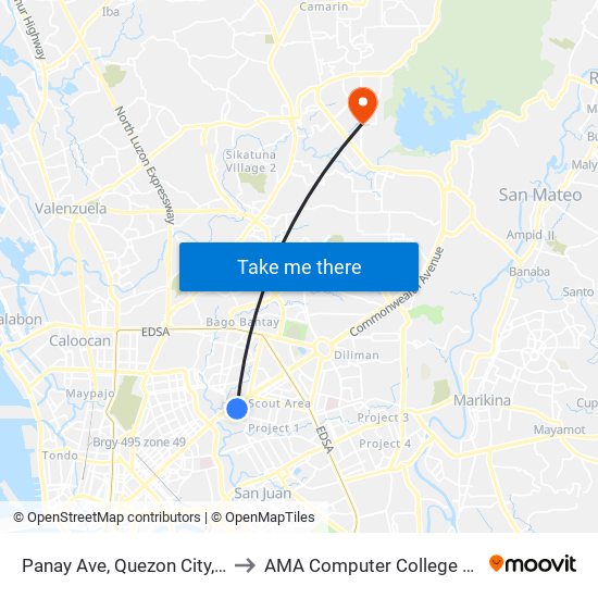 Panay Ave, Quezon City, Manila to AMA Computer College Fairview map