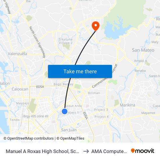 Manuel A Roxas High School, Scout Chuatoco, Quezon City, Manila to AMA Computer College Fairview map