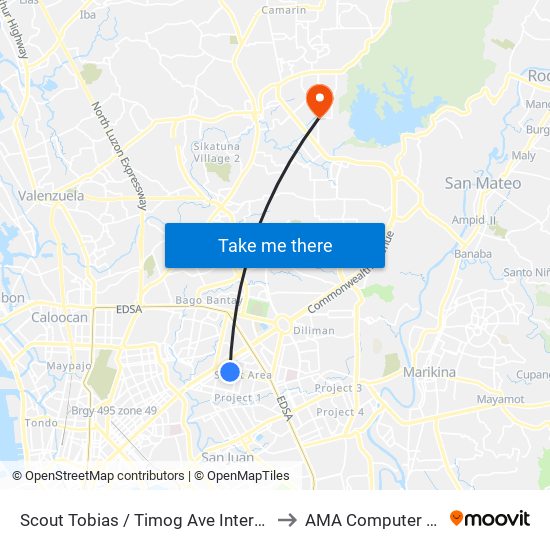 Scout Tobias / Timog Ave Intersection, Quezon City, Manila to AMA Computer College Fairview map