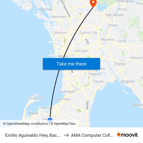 Emilio Aguinaldo Hwy, Bacoor City, Manila to AMA Computer College Fairview map