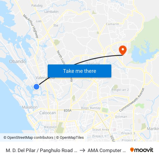 M. D. Del Pilar / Panghulo Road Intersection, Malabon City to AMA Computer College Fairview map