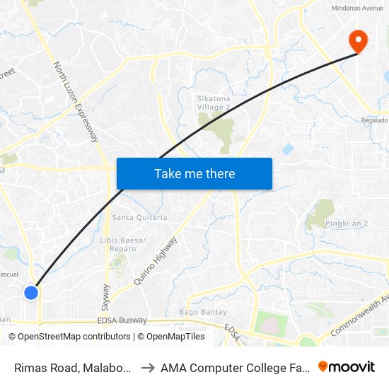 Rimas Road, Malabon City to AMA Computer College Fairview map