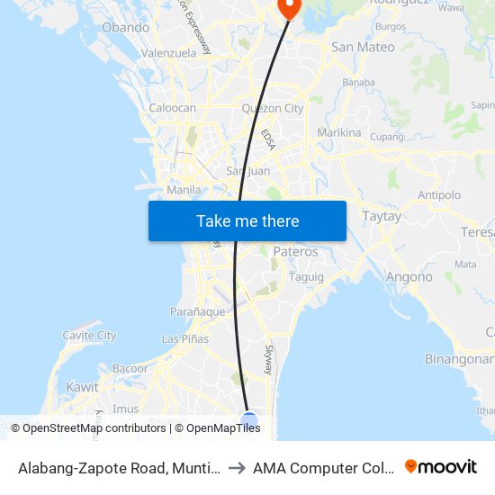 Alabang-Zapote Road, Muntinlupa City, Manila to AMA Computer College Fairview map