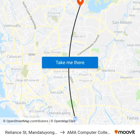 Reliance St, Mandaluyong City, Manila to AMA Computer College Fairview map