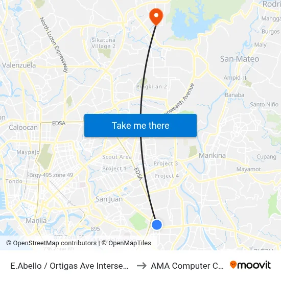 E.Abello / Ortigas Ave Intersection, Pasig City, Manila to AMA Computer College Fairview map