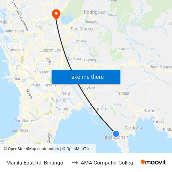 Manila East Rd, Binangonan, Manila to AMA Computer College Fairview map