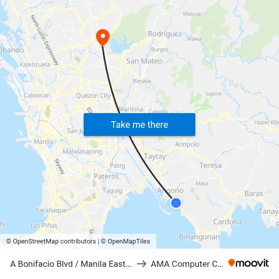 A Bonifacio Blvd / Manila East Rd, Binangonan, Manila to AMA Computer College Fairview map