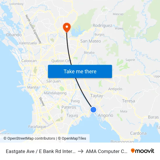 Eastgate Ave / E Bank Rd Intersection, Taytay, Manila to AMA Computer College Fairview map