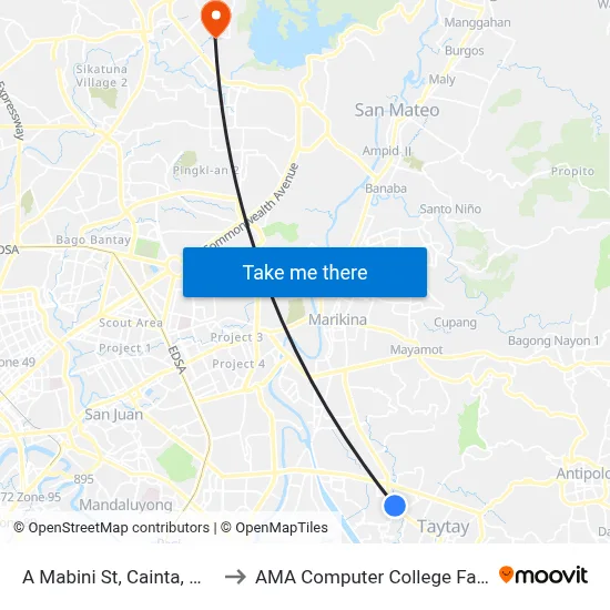 A Mabini St, Cainta, Manila to AMA Computer College Fairview map
