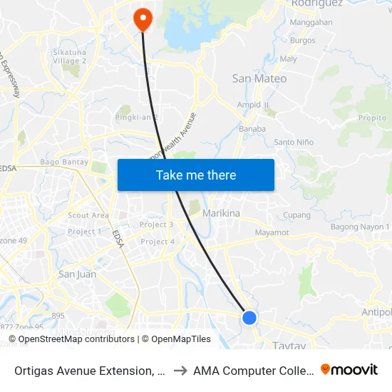 Ortigas Avenue Extension, Cainta, Manila to AMA Computer College Fairview map