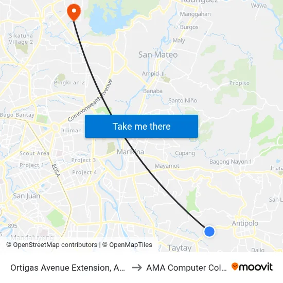 Ortigas Avenue Extension, Antipolo City, Manila to AMA Computer College Fairview map