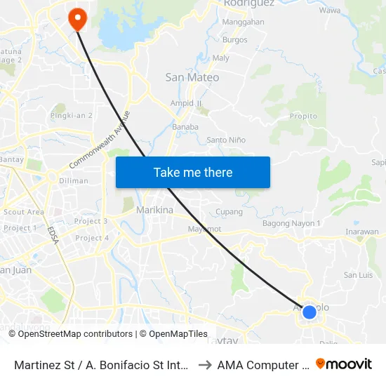 Martinez St / A. Bonifacio St Intersection, Antipolo City, Manila to AMA Computer College Fairview map