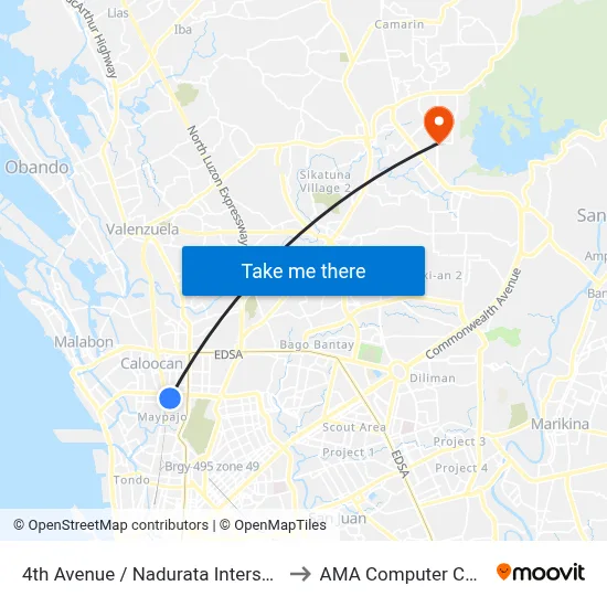 4th Avenue / Nadurata Intersection, Caloocan City to AMA Computer College Fairview map