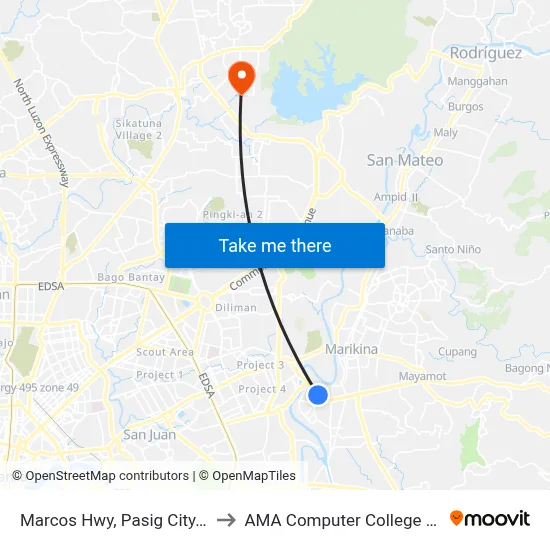 Marcos Hwy, Pasig City, Manila to AMA Computer College Fairview map