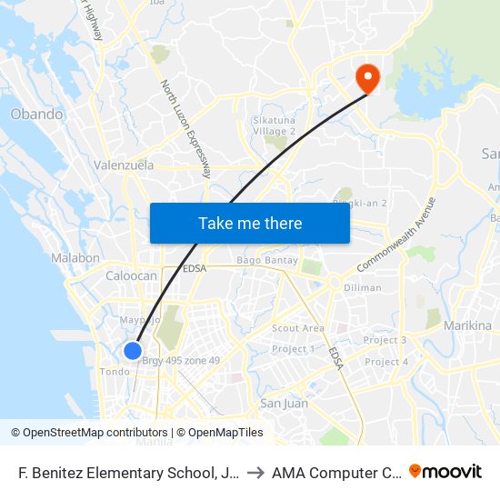 F. Benitez Elementary School, Juan Luma, Caloocan City to AMA Computer College Fairview map