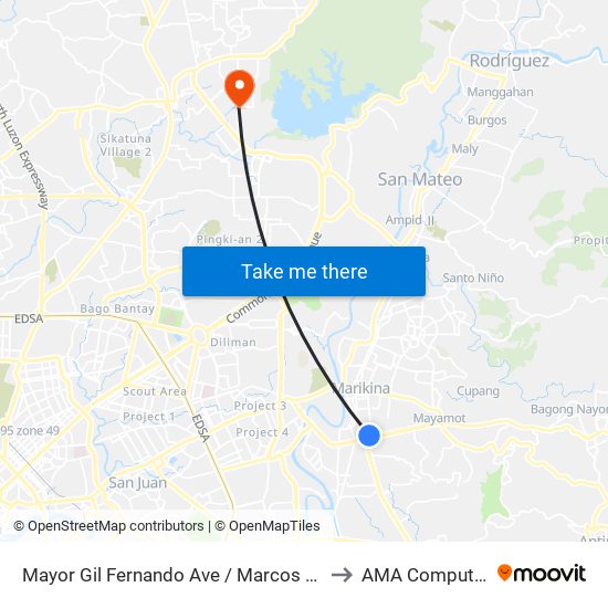 Mayor Gil Fernando Ave / Marcos Highway Intersection, Marikina City, Manila to AMA Computer College Fairview map
