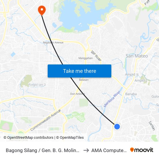 Bagong Silang / Gen. B. G. Molina Intersection, Marikina City, Manila to AMA Computer College Fairview map