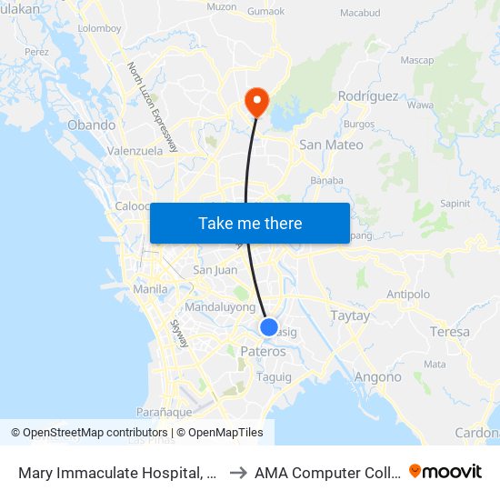 Mary Immaculate Hospital, Pasig City, Manila to AMA Computer College Fairview map