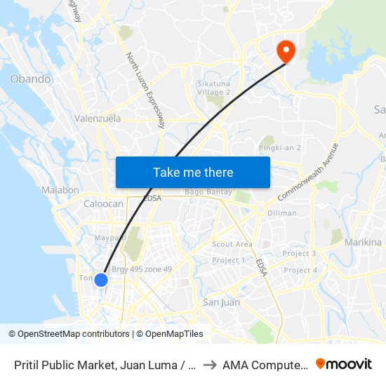 Pritil Public Market, Juan Luma / Tayuman Road Intersection, Manila to AMA Computer College Fairview map