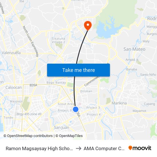Ramon Magsaysay High School, Quezon City, Manila to AMA Computer College Fairview map