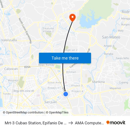 Mrt-3 Cubao Station, Epifanio De Los Santos Av, Quezon City, Manila to AMA Computer College Fairview map