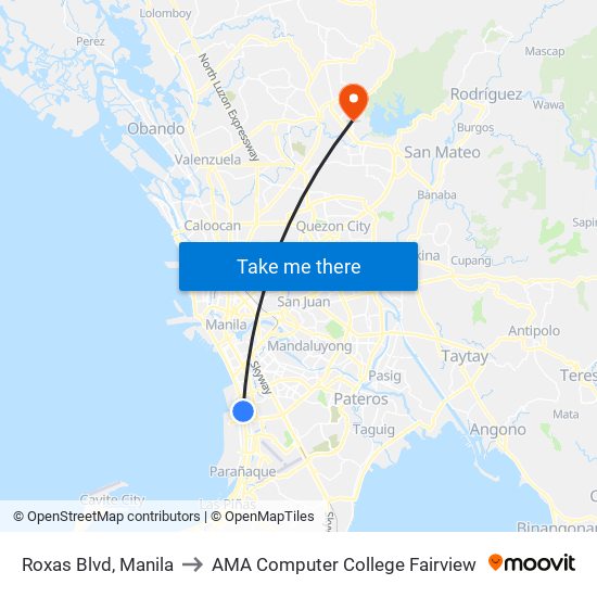 Roxas Blvd, Manila to AMA Computer College Fairview map