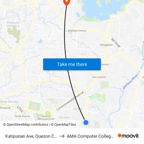 Katipunan Ave, Quezon City, Manila to AMA Computer College Fairview map