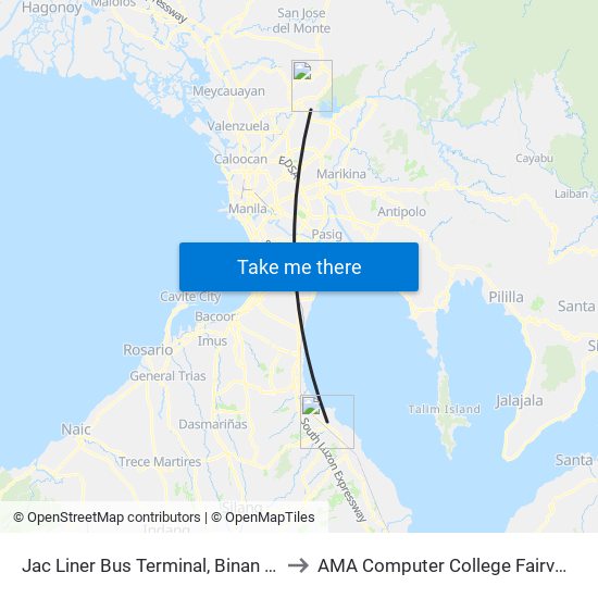 Jac Liner Bus Terminal, Binan City to AMA Computer College Fairview map