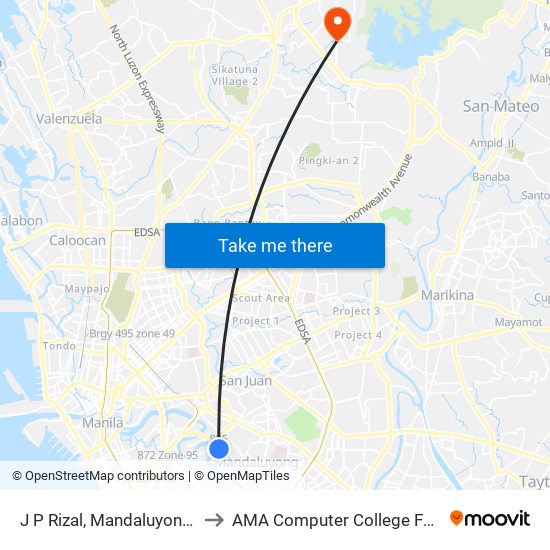 J P Rizal, Mandaluyong City to AMA Computer College Fairview map