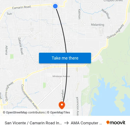 San Vicente / Camarin Road Intersection, Caloocan City to AMA Computer College Fairview map