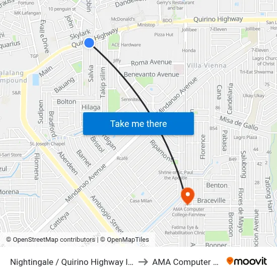 Nightingale / Quirino Highway Intersection, Caloocan City to AMA Computer College Fairview map