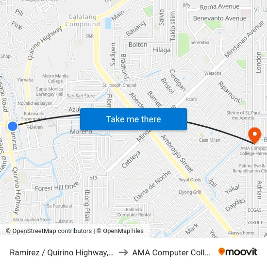 Ramirez / Quirino Highway, Caloocan City to AMA Computer College Fairview map