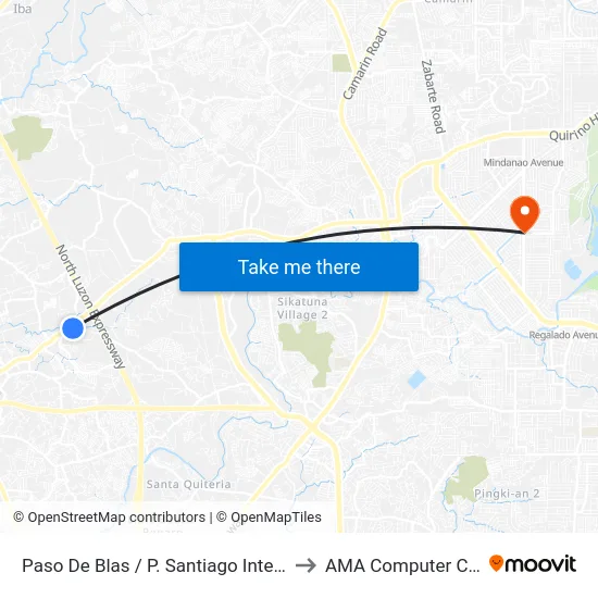 Paso De Blas / P. Santiago Intersection, Valenzuela City to AMA Computer College Fairview map