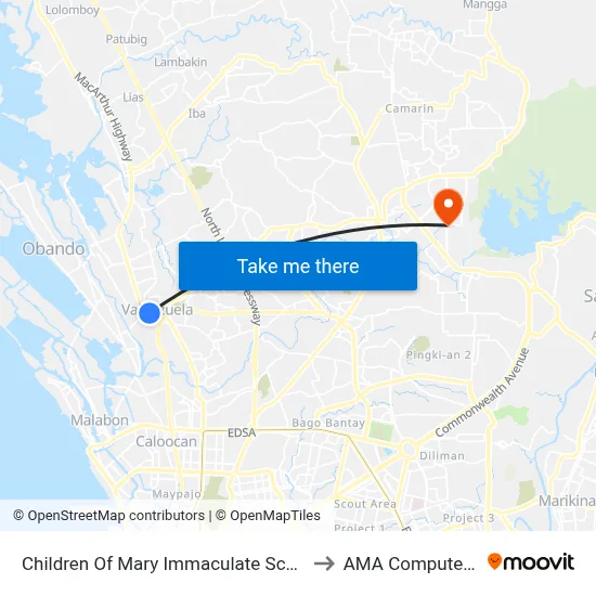 Children Of Mary Immaculate School, Maysan Road, Valenzuela City to AMA Computer College Fairview map