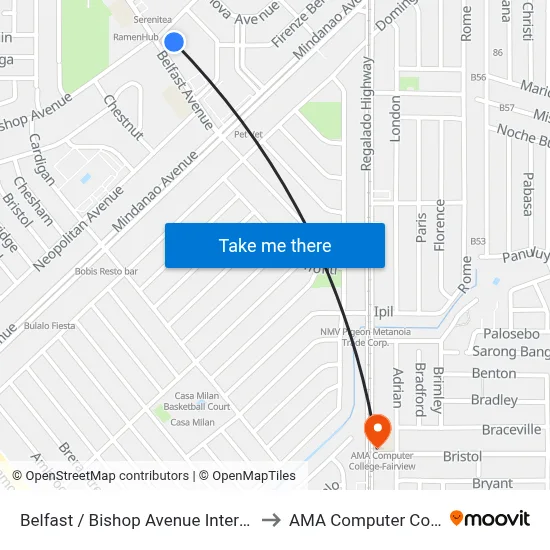 Belfast / Bishop Avenue Intersection, Quezon City to AMA Computer College Fairview map